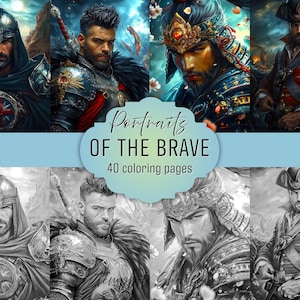 Fantasy Warrior Portraits Adult Coloring Book: Grayscale Pages, Historical Illustrations, PDF Download + Colored Version