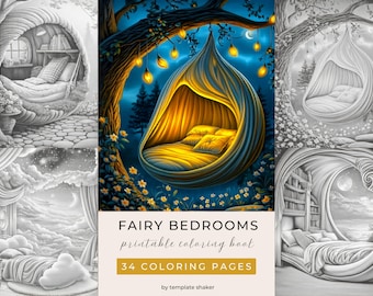 Fairy Bedrooms Adult Coloring Book: Grayscale Fantasy Interior Pages, Printable PDF, Colored Version