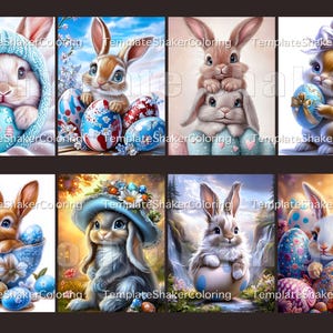 May include: A set of eight digital colouring pages featuring cute bunnies with Easter eggs. The bunnies are in various poses and wearing different accessories, such as hats and scarves. The eggs are decorated with colourful patterns and designs.