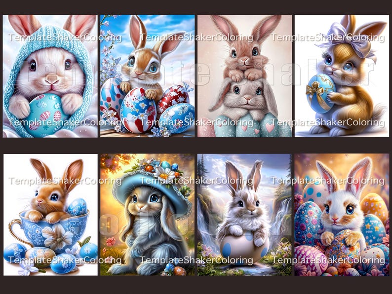 May include: A set of eight digital colouring pages featuring cute bunnies with Easter eggs. The bunnies are in various poses and wearing different accessories, such as hats and scarves. The eggs are decorated with colourful patterns and designs.