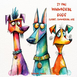 May include: Three stylized dog illustrations with watercolor textures. The left dog is red and purple with a blue tuft, the center is blue and green, and the right is orange and teal. Text reads: 27 PNG WHIMSICAL DOGS CLIPART, COMMERCIAL USE.