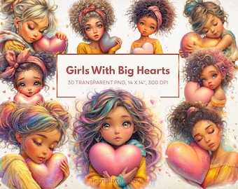 Conjunto de imágenes prediseñadas de chicas con grandes corazones, 30 imágenes PNG transparentes, uso comercial (descarga digital)
