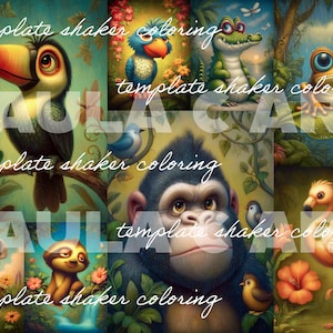 May include: A colorful collage of cartoon animals in a jungle setting. Includes a toucan, a blue bird, a crocodile, a frog, a gorilla, a flamingo, a hyena, and a sloth. The text "template shaker coloring" is overlaid on the image.