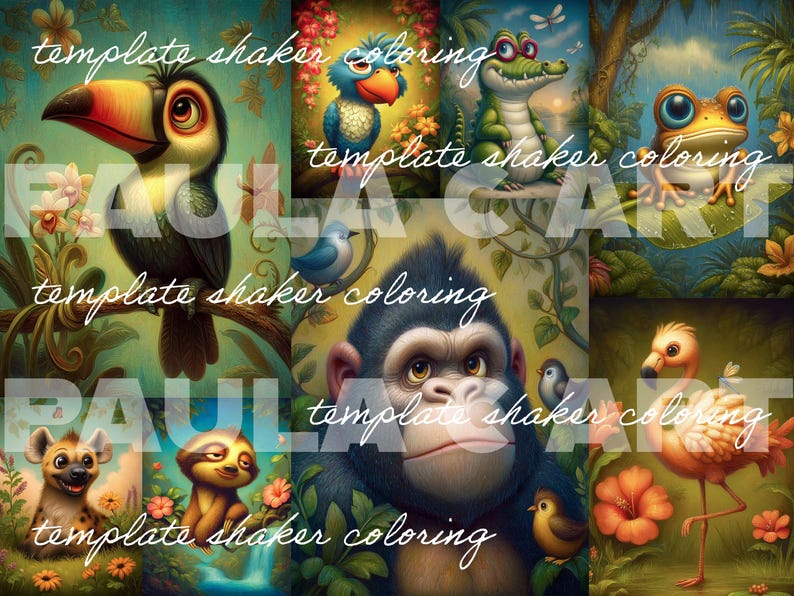 May include: A colorful collage of cartoon animals in a jungle setting. Includes a toucan, a blue bird, a crocodile, a frog, a gorilla, a flamingo, a hyena, and a sloth. The text "template shaker coloring" is overlaid on the image.