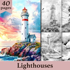 40 Lighthouses Grayscale Coloring Pages - Coloring Book For Adults - Instant Download - Printable PDF File - Nautical Coloring Book