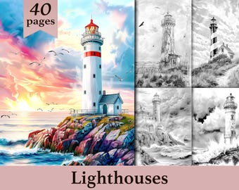 Lighthouses Grayscale Coloring Book For Adults: Printable PDF (Instant Download)