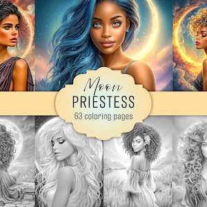 Puede incluir: Impresión de arte digital con seis retratos de mujeres sobre fondos celestiales. La imagen incluye el texto "Moon Priestess 63 coloring pages". Los retratos están en color y escala de grises, mostrando diversos peinados y tonos de piel.