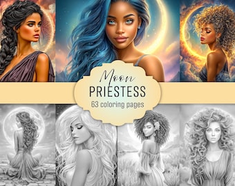 Moon Priestess Coloring Book, 63 Fantasy Grayscale Pages, Printable PDF, Colored Version Included