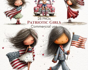 Patriotic Girls Clipart Bundle, 4th of July Transparent PNG Set, Commercial Use (Digital Download)