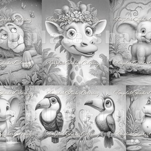May include: Black and white illustrations of various jungle animals, including a lion, giraffe, elephant, toucans, and a hippo. Each animal is depicted in a detailed, cartoon style, surrounded by lush foliage. The text "Template Shaker Coloring" is visible.
