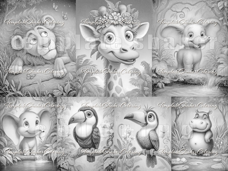 May include: Black and white illustrations of various jungle animals, including a lion, giraffe, elephant, toucans, and a hippo. Each animal is depicted in a detailed, cartoon style, surrounded by lush foliage. The text "Template Shaker Coloring" is visible.