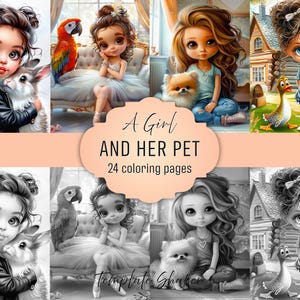 Libro da colorare per adulti "Ragazze e animali domestici": 24 pagine in scala di grigi, download in PDF, versione a colori inclusa.