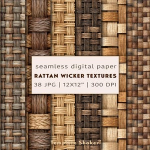 May include: A collection of seamless digital paper featuring various rattan wicker textures in shades of brown, tan, and grey. A central white label displays the text: seamless digital paper RATTAN WICKER TEXTURES 38 JPG | 12X12” | 300 DPI.