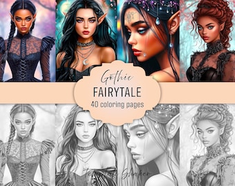 Gothic Fairytale Coloring Book: 40 Grayscale Fantasy Portraits, Printable PDF, Colored Version Included