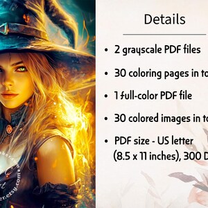 Libro para colorear de brujas, 30 páginas en escala de grises para adultos - PDF imprimible, versión a color imagen 2