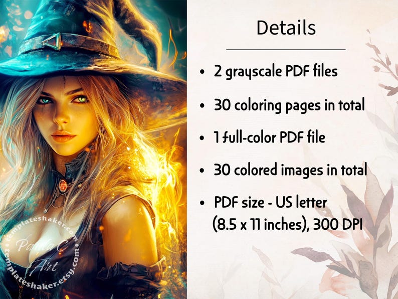 Libro para colorear de brujas, 30 páginas en escala de grises para adultos - PDF imprimible, versión a color imagen 2