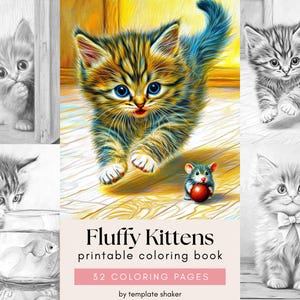 以下が含まれることがあります： template shakerによる32ページの塗り絵「Fluffy Kittens」。表紙には、ネズミを追いかける子猫のカラフルな中央イラストと、その周囲に4つの子猫のモノクロスケッチが描かれています。