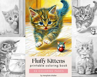 Disegni di gattini soffici in scala di grigi per adulti, divertente libro da colorare di gatti, PDF stampabile, versione a colori