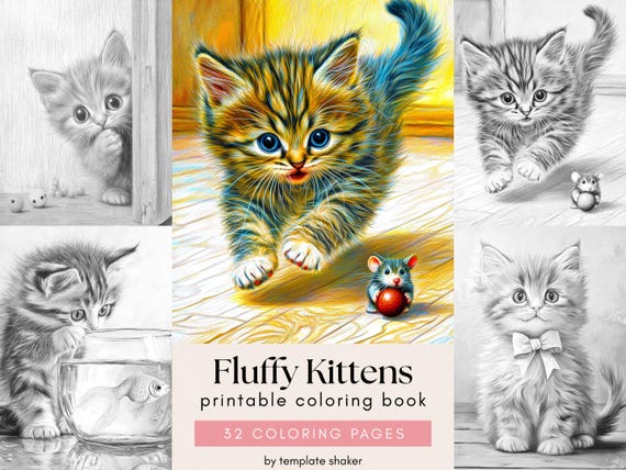Fluffy Kitten Grayscale Pages For Adults, Fun Cats Coloring Book, Printable PDF, Colored Version