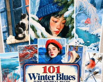 Winter Blues Junk Journal Pages, Blue Snowy Watercolor Digital Papers, Scrapbook Ephemera, Printable JPG