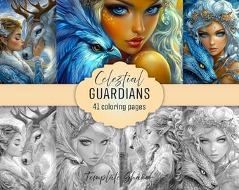 Fantasy Grayscale Adult Coloring Book: Women and Beasts, 41 Pages, Printable PDF + Colored Version