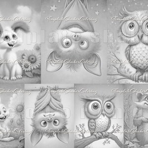 May include: Black and white illustrations of cute animals, including a rabbit, bat, owl, and badger. The animals are in various poses, such as the rabbit sitting in a field of sunflowers and the bat hanging upside down. The images are labeled "Template Shaker Coloring".