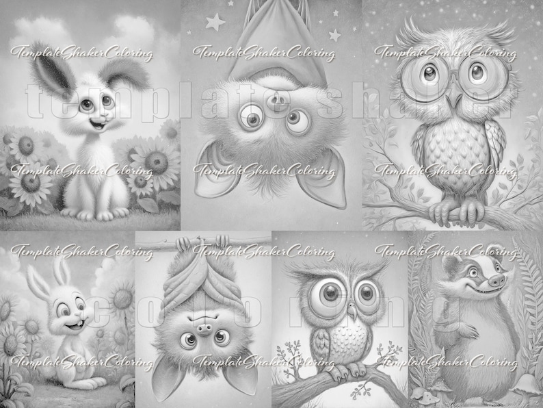May include: Black and white illustrations of cute animals, including a rabbit, bat, owl, and badger. The animals are in various poses, such as the rabbit sitting in a field of sunflowers and the bat hanging upside down. The images are labeled "Template Shaker Coloring".