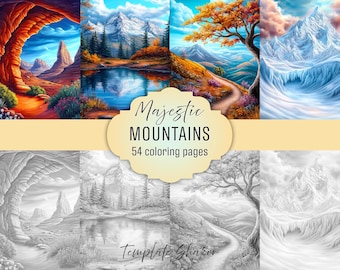 Majestic Mountains Coloring Book: 54 Grayscale Pages, Landscape Art, Printable PDF + Colored Version