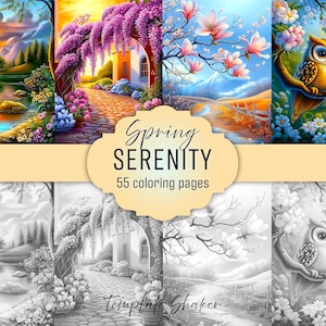 Könnte beinhalten: Eine Sammlung digitaler Kunstdrucke mit farbenfrohen Frühlingsszenen und Schwarz-Weiß-Malvorlagen. Die Bilder zeigen Landschaften mit Blumen, Bäumen und einer Eule. Der Text lautet "Spring Serenity" und "55 Malvorlagen".