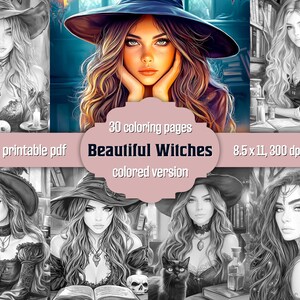 30 Beautiful Witches Coloring Pages - Witchy Grayscale Coloring Book For Adults - Printable PDF File - Halloween, Skulls - Instant Download