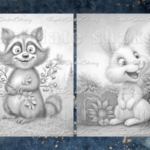 May include: Two black and white illustrations for coloring. One features a smiling raccoon holding berries, the other a happy rabbit surrounded by sunflowers. The text "Template Shaker Coloring" is repeated throughout the images.