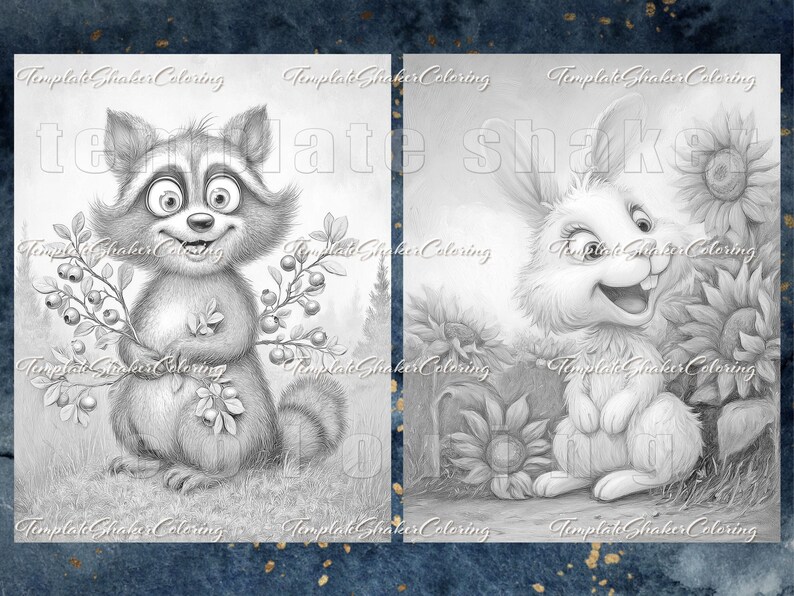 May include: Two black and white illustrations for coloring. One features a smiling raccoon holding berries, the other a happy rabbit surrounded by sunflowers. The text "Template Shaker Coloring" is repeated throughout the images.
