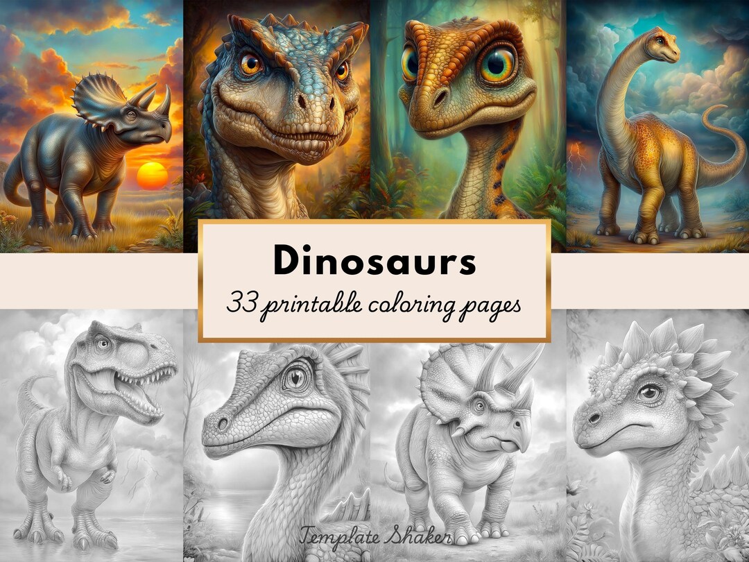Dinosaur Coloring Book for Adults, 33 Prehistoric Animals Grayscale ...
