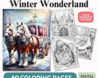 Winter Wonderland Grayscale Coloring Book, Frosted Scenes, Animals & Landscapes, Printable PDF, Colored Version