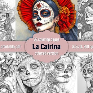 32 páginas para colorear de La Catrina - Libro para colorear en escala de grises del Día de los Muertos para adultos - Calaveras de azúcar imprimibles en PDF - Versión en color incluida
