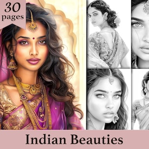 30 Indian Women Coloring Pages - Grayscale Fashion Coloring Book For Adults + Kids - Printable PDF File - Instant Download