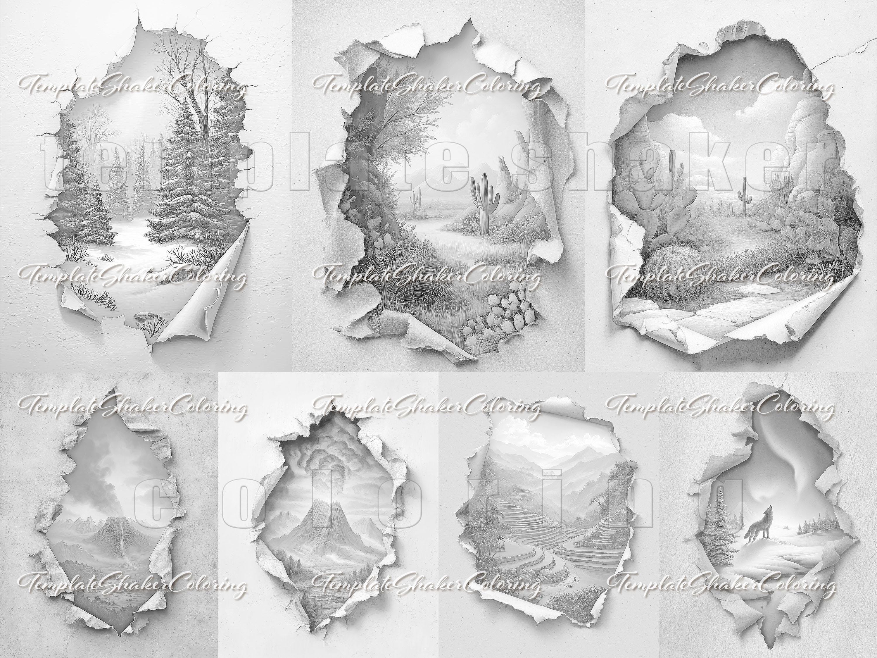 Using Ripped Paper For Colouring Torn Paper Landscape Coloring Book, Grayscale Nature Scenes Pages ...