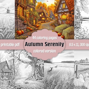 Cozy Autumn Adult Coloring Book: Fall Grayscale Pages, Nature Landscape, PDF Download + Colored Version