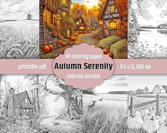 Cozy Autumn Adult Coloring Book: Fall Grayscale Pages, Nature Landscape, PDF Download + Colored Version