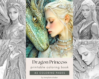 Dragon Princess Adult Coloring Book: Fantasy Grayscale Art Pages, Colored Version Included, Printable PDF