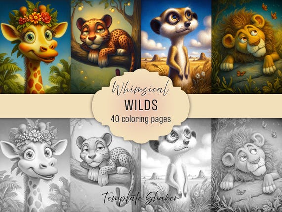 Whimsical Jungle Animals Coloring Book: Grayscale Safari Pages for Adults, Printable PDF, Colored Version