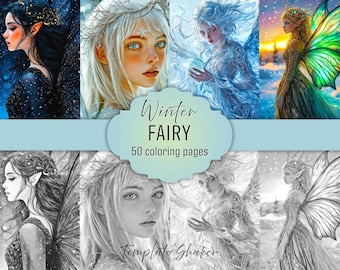 Winter Fairy Coloring Book: 50 Grayscale Fantasy Girls Pages, Printable PDF, Colored Version