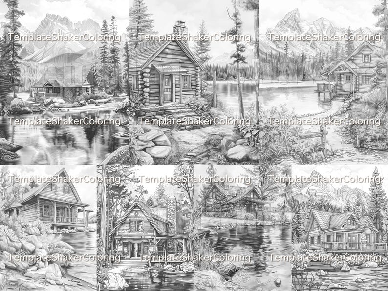 Forest Lake Cabin Coloring Book: 30 Grayscale Pages, Nature Scenes ...