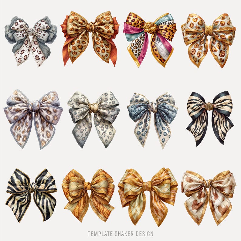 Animal Print Bows Clipart, Watercolor Safari Bow Set PNG, Digital ...