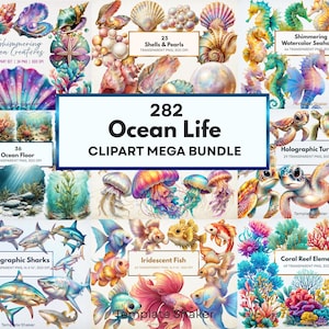 Può includere: Un mega pacchetto di clipart digitali intitolato "282 Ocean Life". L'immagine presenta varie illustrazioni ad acquerello di vita marina, tra cui cavallucci marini, tartarughe, squali, pesci, coralli, conchiglie e scene del fondale marino. La clipart è in formato PNG trasparente.