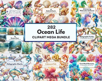 282 Ocean Life PNG Clipart Bundle, Transparent Background, Commercial Use (Digital Download)