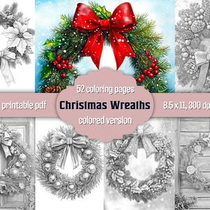 Christmas Wreaths Adult Coloring Book: Festive Grayscale Pages, Printable PDF, Colored Version Included