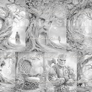 May include: A collection of grayscale fantasy art prints featuring detailed illustrations of trees, forests, and mythical figures. The images include a figure walking through a forest, a tree with a face, and a throne.
