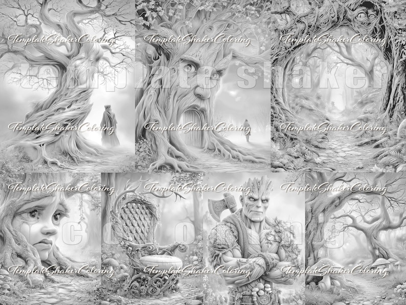 May include: A collection of grayscale fantasy art prints featuring detailed illustrations of trees, forests, and mythical figures. The images include a figure walking through a forest, a tree with a face, and a throne.