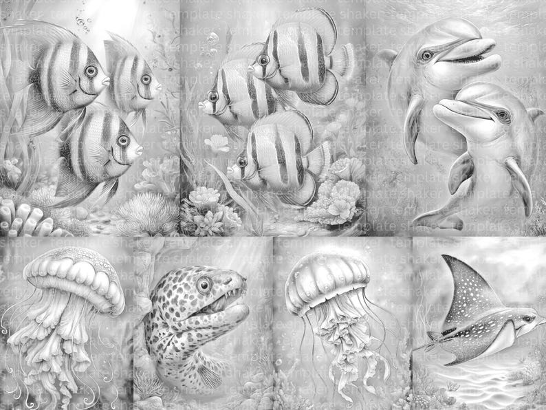 Deep Sea Life Coloring Book: 38 Grayscale Pages for Adults, Printable ...